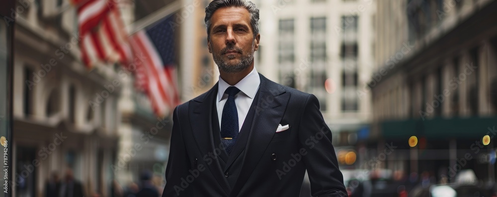 Well-dressed man in a suit walks with purpose on a New York City street