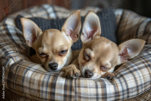 Two adorable domestic chihuahua puppies resting in bed together creating an emotional portrait