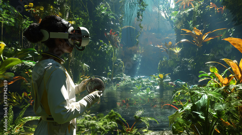Scientist Examining Flora in Virtual Reality Environment 