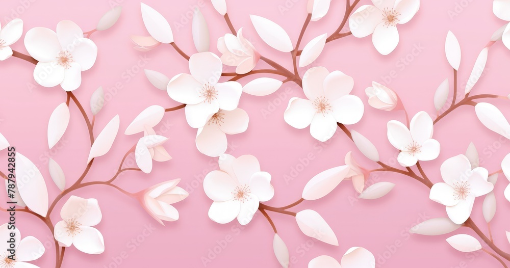 white vector seamless pattern of simple white leaves and flowers on a pink background