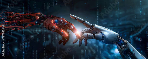 Robotic Hands Connected over Big Data Network - AI Machine Learning Data Exchange, Deep Learning Science and Futuristic Innovation