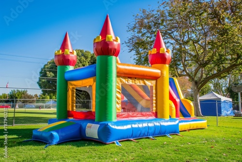 Two multi color castle bounce houses are available for children to play in at the sunny park photo