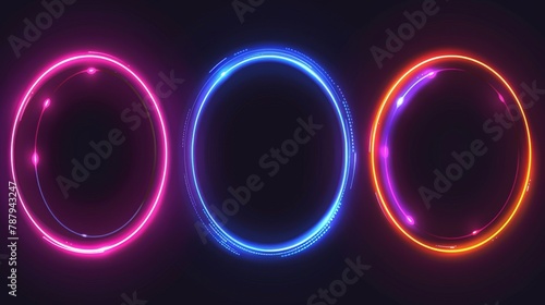 A modern illustration shows a set of round neon light flares isolated on black background. There is a halo effect, energy vortex, LED illumination, and disco illumination in the background.