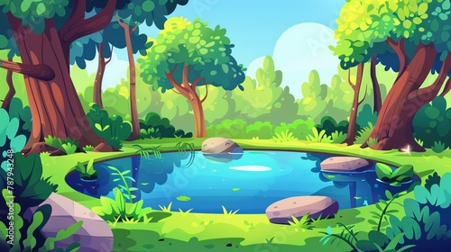 The background of summer jungle is a sunny summer landscape with trees, bushes, and grass. Cartoon modern illustration of water in a pond surrounded by green grass, wooden trunks, bushes, and plants.