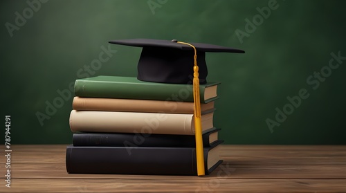 books and academic cap on wooden surface isolated on green.generative.ai