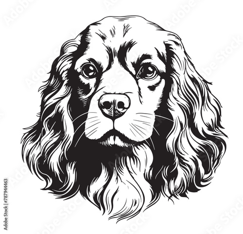 A stunning black and white drawing of a Cocker Spaniel, a dog breed known for being a loyal companion dog. The detailed art showcases the symmetry and circle shape of the snout