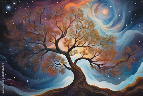 bright painting of a tree with stars in the sky