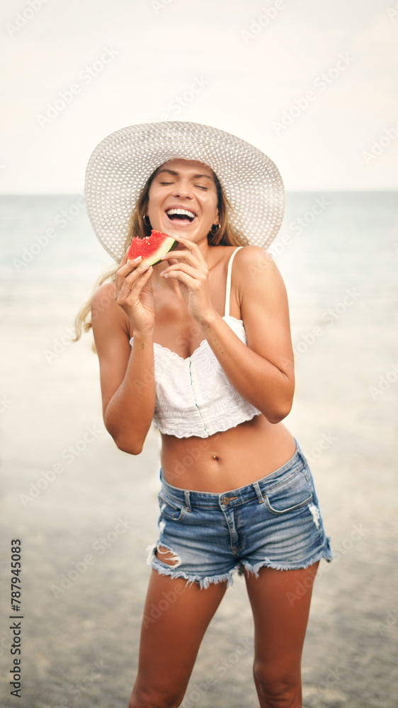 Travel, vacation and girl in beach, watermelon and water of nature, relax and fruit for diet in trip. Happiness, summer and holiday for tourist in Maldives, tropical and nutrition for health and body