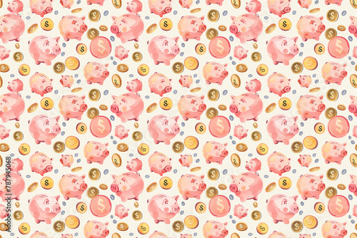 Watercolor piggy banks and coins pattern, financial concept design