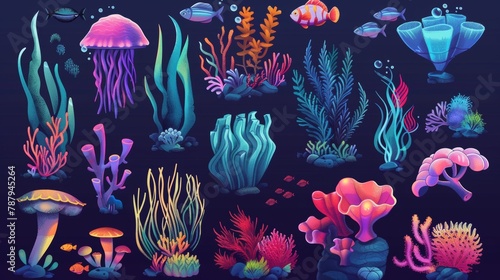 Animals and plants found underwater for seabed design. Cartoon modern set featuring seaweeds, corals, fish, and jellyfish. Ocean aquatic tropical world with vibrant animals.
