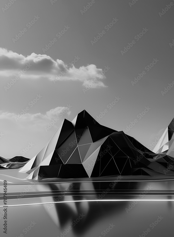 black and white 3d low poly mountain with reflection on smooth surface glowing road geometrical abstract terrain and clouds background