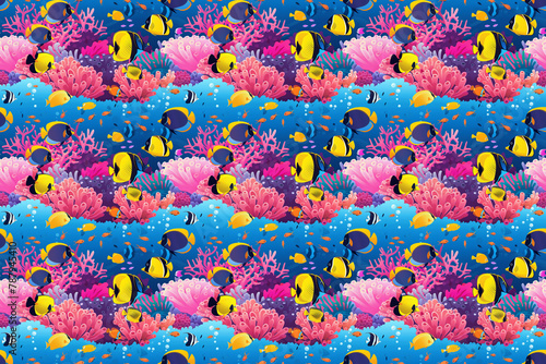 Seamless underwater coral reef pattern with tropical fish