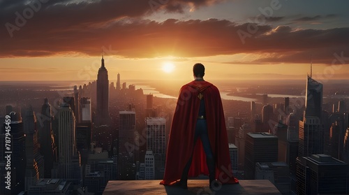 A super hero wearing a long red cape and boots standing on the top of a tall building looking at a metropolis city with the sunset in the background.generative.ai 