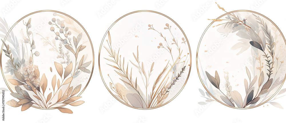 three oval mirrors with flowers and leaves on them on a white background three oval mirrors with flowers and leaves on them on a white background