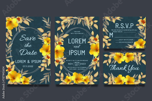 Wedding invitation template with yellow flowers and leaves