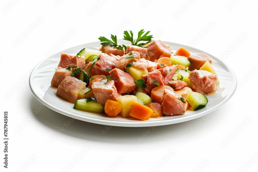 Wet pet food on white plate Wet pet food on white plate
