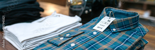 Close up of label with price and size over a blue plaid shirt on industrial style store. Banner of apparel stacks over counter ready to sell on vintage clothes shop. Clothes small business concept.