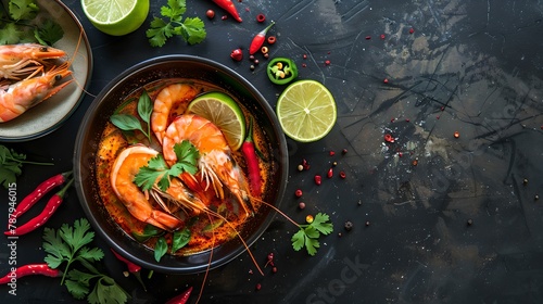 Vibrant Shrimp Soup in a Dark Bowl, Fresh Herbs and Spices, Top View. Culinary Delight, Seafood Gourmet Dish Presentation. Exquisite Dining, Simple Elegance on Dark Background. AI