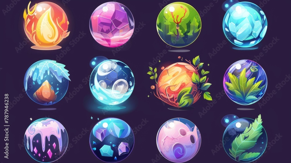 Wizard fortune sphere ui illustration 2d set. Mystery bubble collection with nature leaf, honeycombs, water, and music sound glowing clipart. Wizard fortune sphere ui illustration 2d set. Mystery bubble collection with nature leaf, honeycombs, water, and music sound glowing clipart.