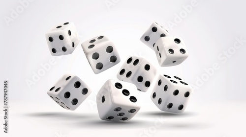 An illustration of a realistic modern white cube with the dots numbered from 1 to 6 for a casino game or gambling concept. Six-sided spot dice. Poker and backgammon and falling craps as a game of