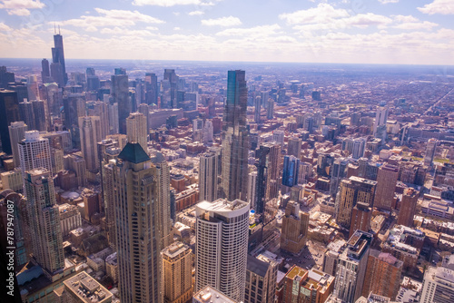 Chicago cityscape aerial view  spring day. High rise buildings  blue cloudy sky background  Chicago  United States