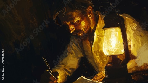 Painter Concentrating on Artwork by Lantern Light in a Dark, Intimate Space