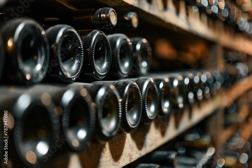 wine bottles piled in cellar photo