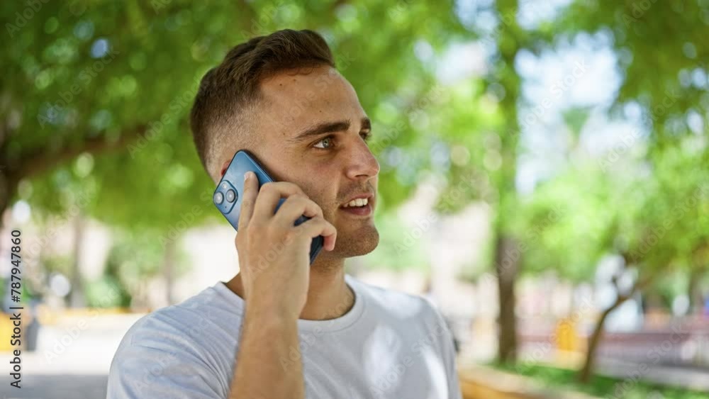 Handsome man talking on smartphone outdoors in a leafy park, showing communication and lifestyle concepts. Handsome man talking on smartphone outdoors in a leafy park, showing communication and lifestyle concepts.