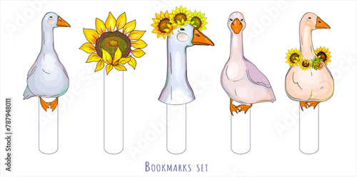 A set of antistress bookmarks back to school, hobbies and scrapbooking. Vector goose and sunflower on a transparent background. Easter Decor