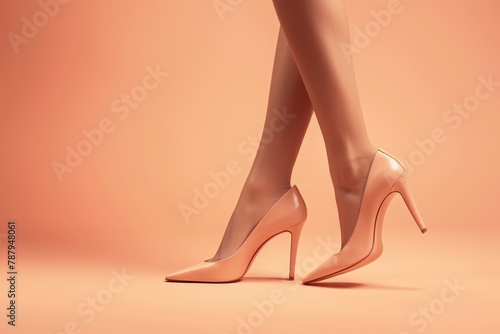 Woman with smooth legs in trendy peach high heels shoes on peach background depilation ad banner in monochrome photo