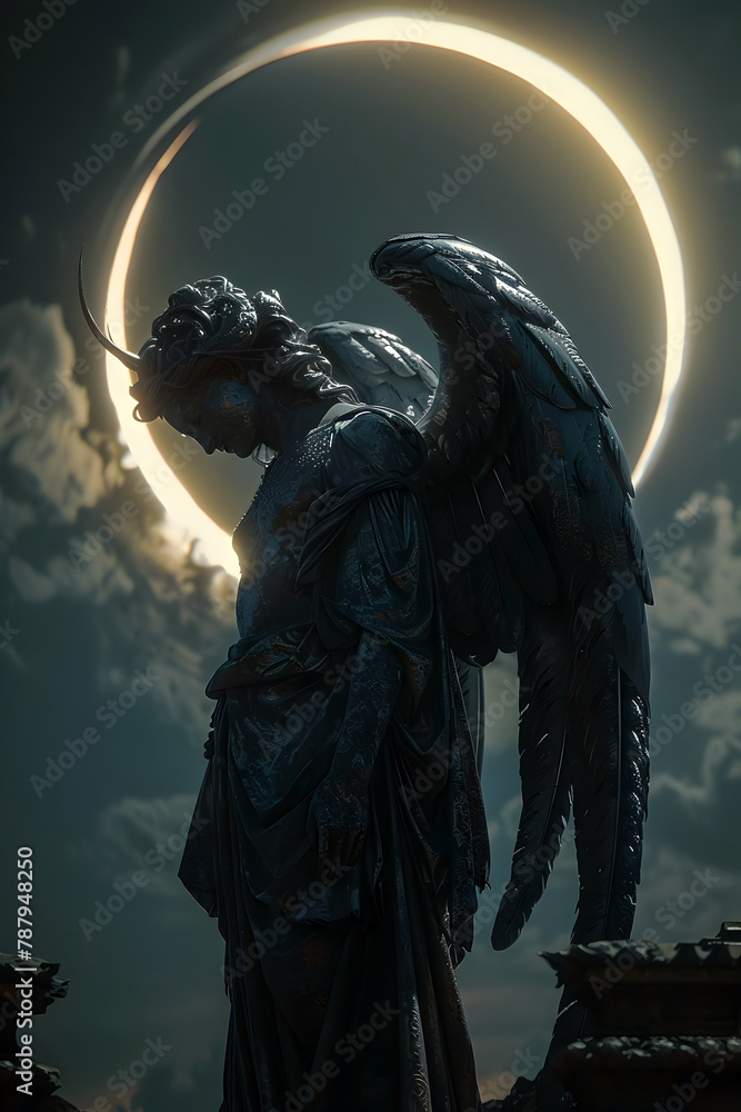 Fototapeta premium Celestial Guardian Confronts Inner Demons Amidst Eclipse's Ethereal Dance in Mesmerizing Rendering