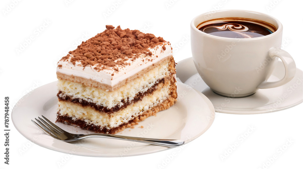 Chocolate cake with coffee isolated on white, cut out transparent Chocolate cake with coffee isolated on white, cut out transparent