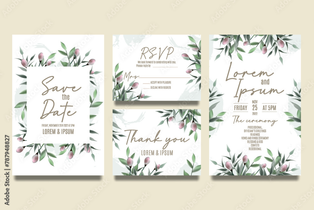 Wedding invitation template with green leaves