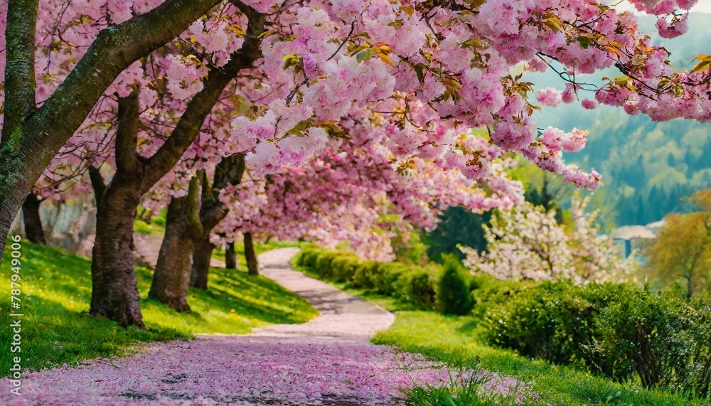 Spring's Splendor: Sakura Cherry Blossom Alley, a Picturesque Park Lined with Rows of Blooming Trees Spring's Splendor: Sakura Cherry Blossom Alley, a Picturesque Park Lined with Rows of Blooming Trees