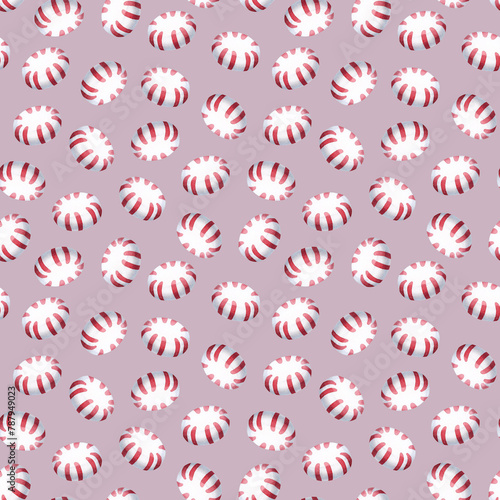 Traditional Christmas candies watercolor seamless pattern on dust pink background for New Year holiday season, candy shop wrapping paper and festive textiles © Elena Malgina