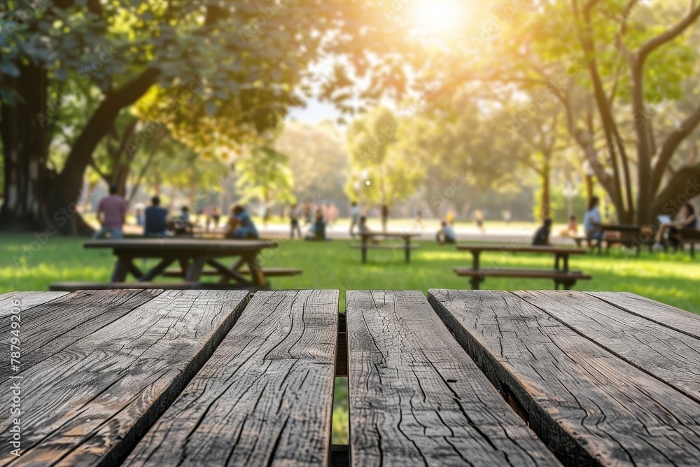 Wooden picnic table in park with blurred background for product display