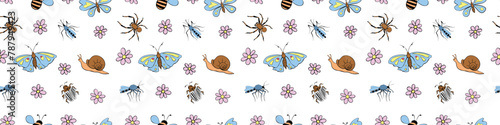 Seamless childish pattern with cute flowers  butterfly  snails  bugs. Insects on glade. Vector illustration. For textile  print  kids surface design