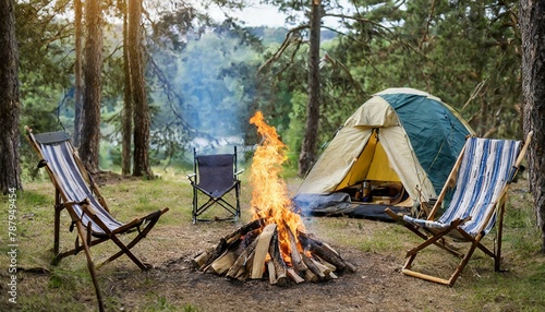 Enchanting Evening: A Campfire Illuminating the Forest, Surrounded by Cozy Chairs and a Camping Tent"