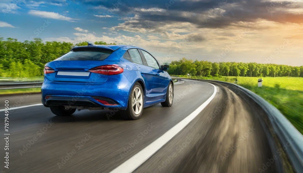 Speeding in Style: A Blue Business Car Navigating a High-Speed Turn with Precision