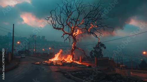 A tree devoured by flames. Forest fire affecting the city with roads and risk for cars with people inside Murderous fire. photo