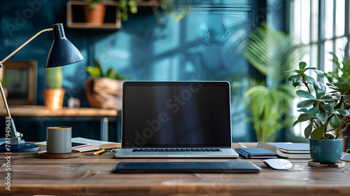 Workspace desk and laptop, generative Ai