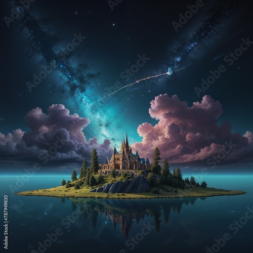 image that blurs the line between reality and dreams, featuring floating islands, surreal creatures, and a mesmerizing cosmic sky © Aneela
