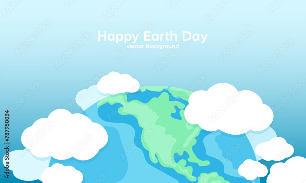 Earth and fluffy clouds on blue sky background. Vector cartoon illustration. Banner with copy space. Happy Earth Day print.