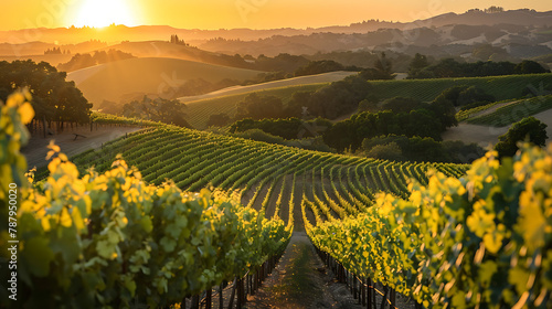 A picturesque European vineyard landscape featuring rolling hills, lush grapevines, and rustic architecture under a clear sky. Iconic scenery evoking the charm of European wine country