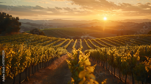 Scenic European vineyard landscape with rolling hills, lush grapevines, and traditional structures under a blue sky, capturing the essence of a typical European winery.