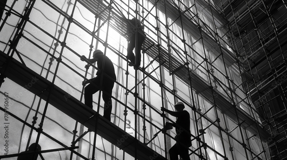 team of construction workers assembling scaffolding at a building site