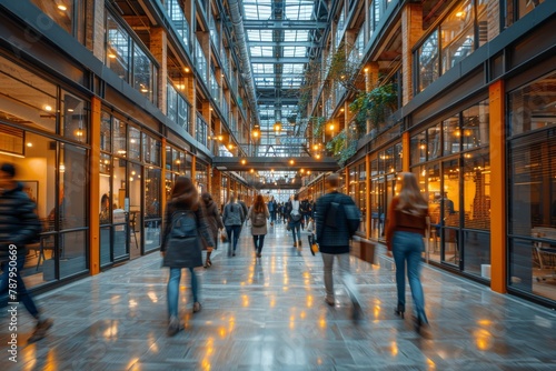 Dynamic image of a bustling modern shopping mall interior with motion blur, portraying speed and consumerism photo