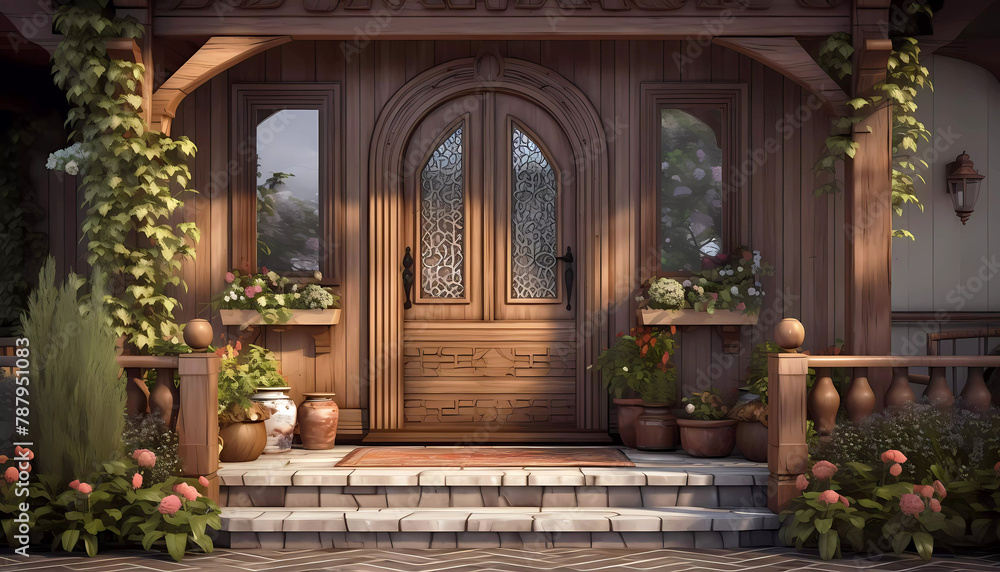 House entrance with beautiful wooden door. Generative ai design.
