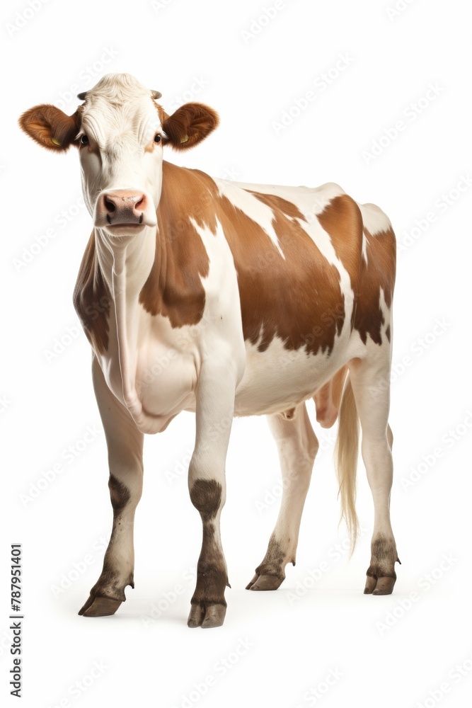 A striking brown and white cow gracefully poised against a clean white backdrop