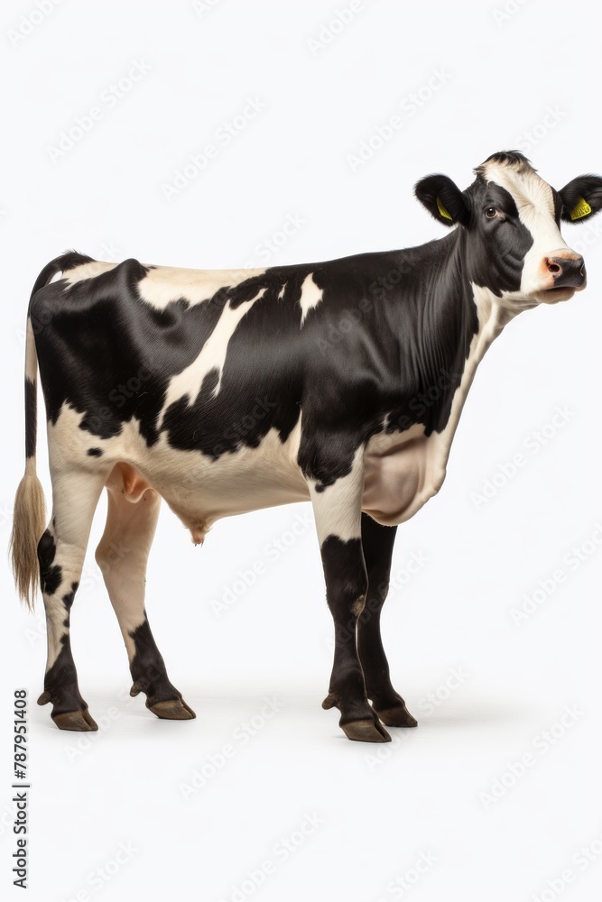 A black and white cow stands calmly against a blank white canvas background